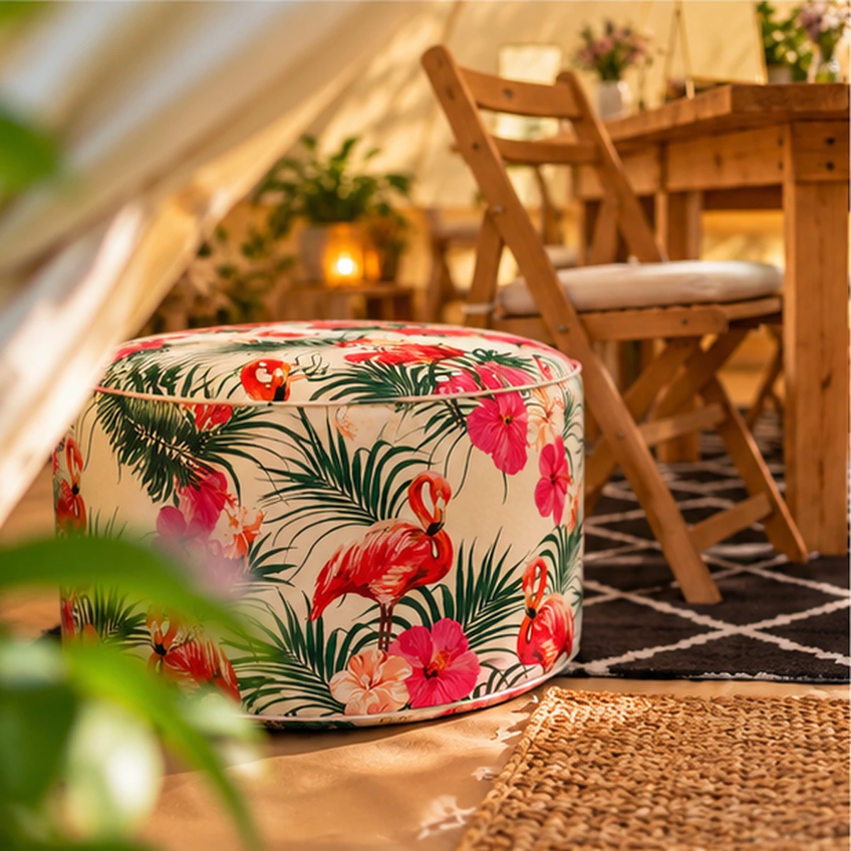 Parties and Events Bell Tent Hire 4 - Brilliant Bell Tent Hire Brilliant bell Tent Hire Getting Ready Tent flamingo_pouf_closeup