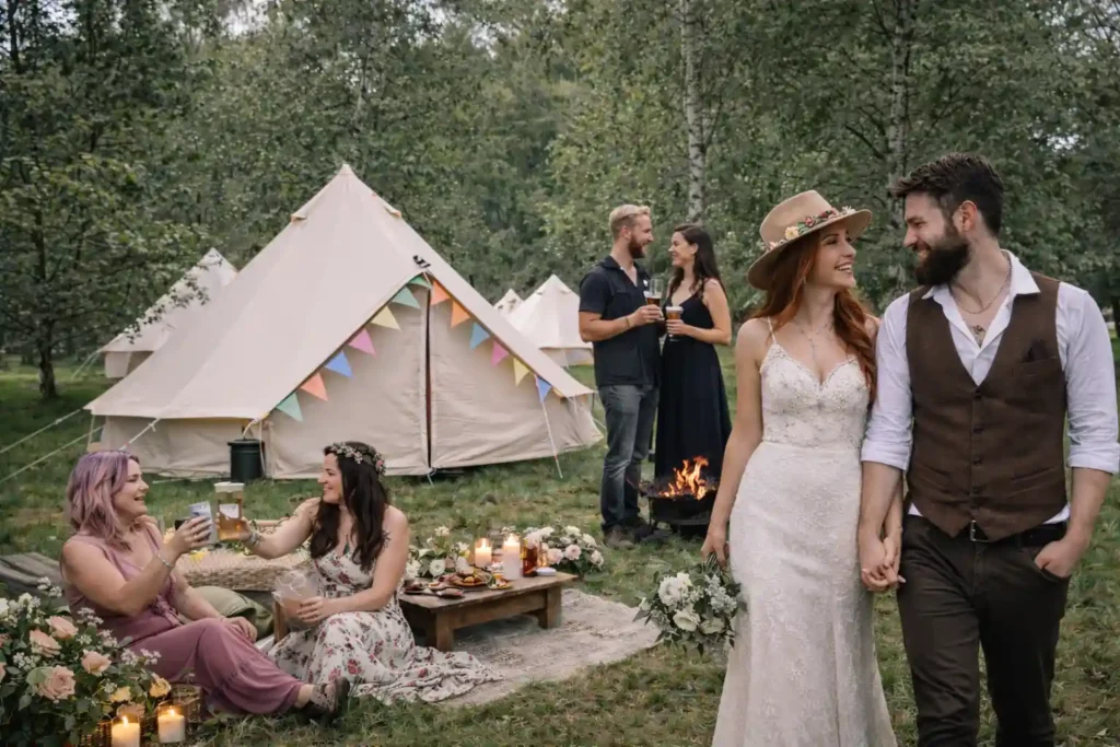 Bell tent accommodation for wedding guests on private land