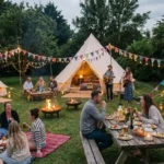Birthday Party Bell Tent Hire: A Brilliant Way to Celebrate 5 - Brilliant Bell Tent Hire Bell tents for hire for a party with guests in relaxed clothing in and around bell tents with rustic seating - Weddings, Parties and Events from Brilliant Bell Tent Hire