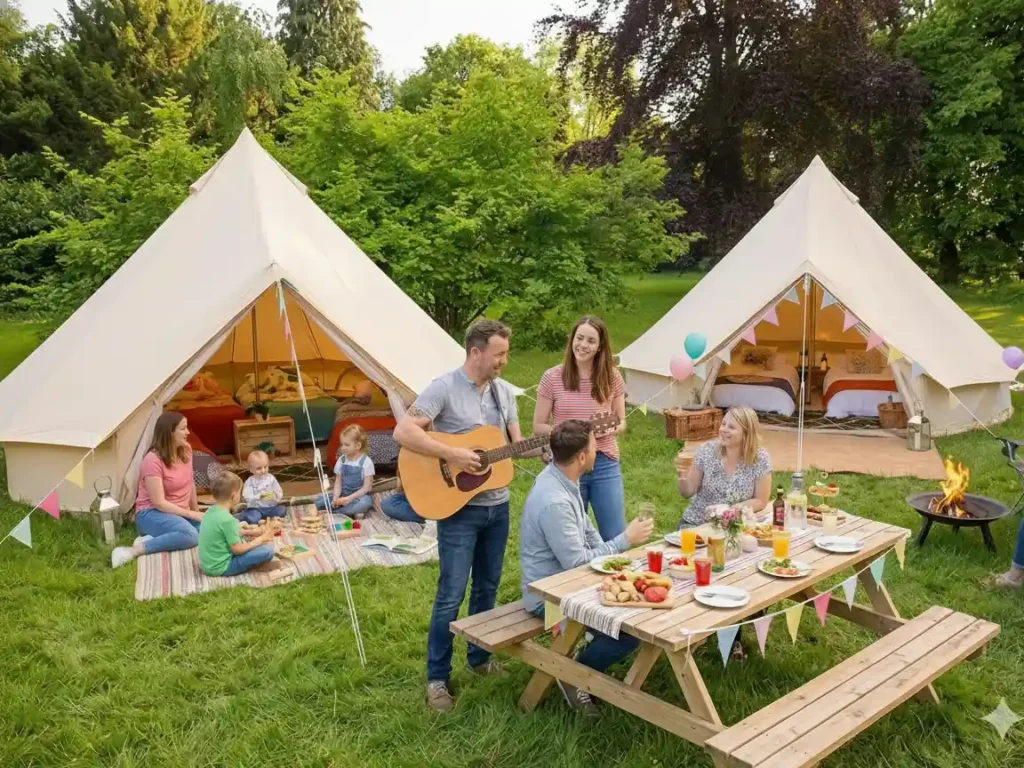 Wedding accommodation bell tents set up as a relaxed on-site wedding village