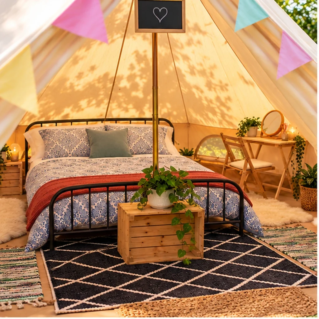 Honeymoon Brilliant Bell Tent Hire-Bed-and-tent-perspective